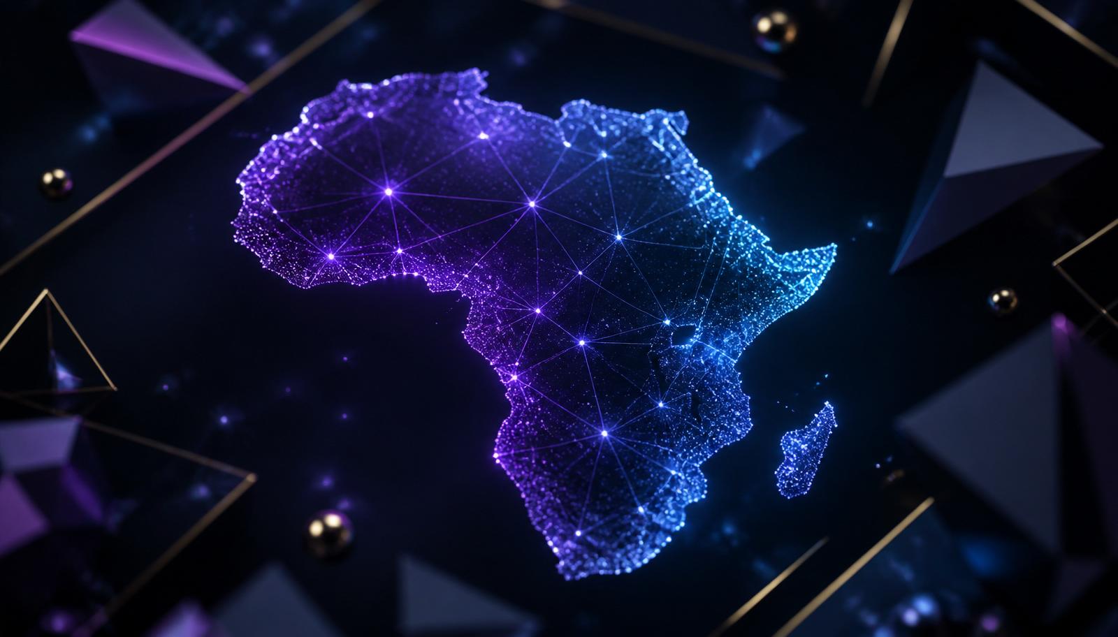 Carte de l'Afrique en réseau lumineux violet et cyan — vision continentale de XPay