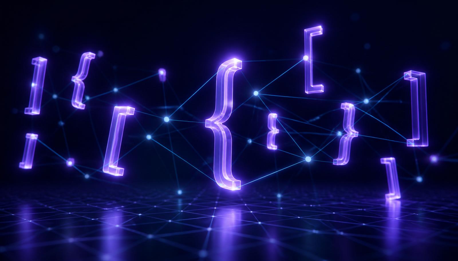 Accolades et crochets néon violets connectés en réseau sur une grille de perspective — API de paiement