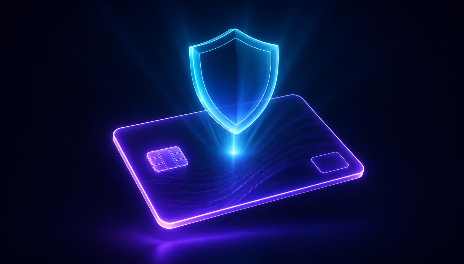 Carte bancaire violette néon surmontée d'un bouclier cyan lumineux — Conformité PCI DSS