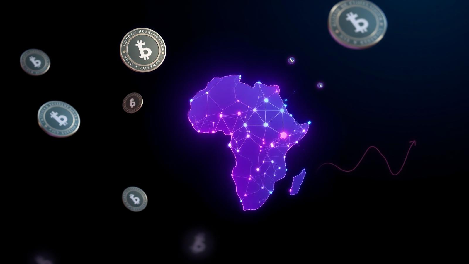 Carte de l'Afrique en réseau lumineux violet avec tokens flottants — Tendances fintech 2026