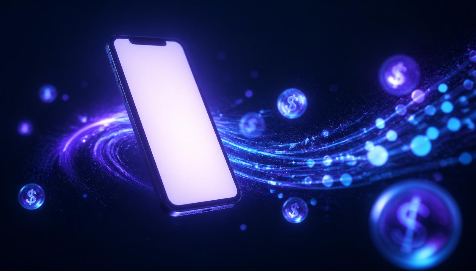 Smartphone rayonnant de flux monétaires lumineux violets et cyan sur fond navy — Mobile Money en Afrique