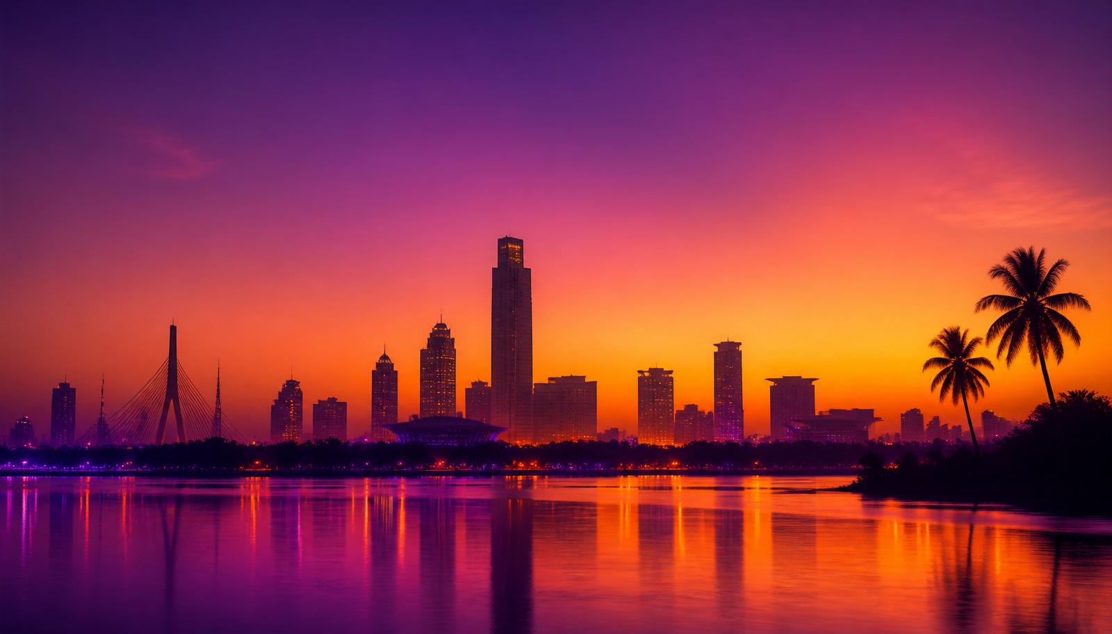 Skyline urbaine africaine au crépuscule avec ciel violet-orange se reflétant sur un fleuve calme — Paiements en RDC