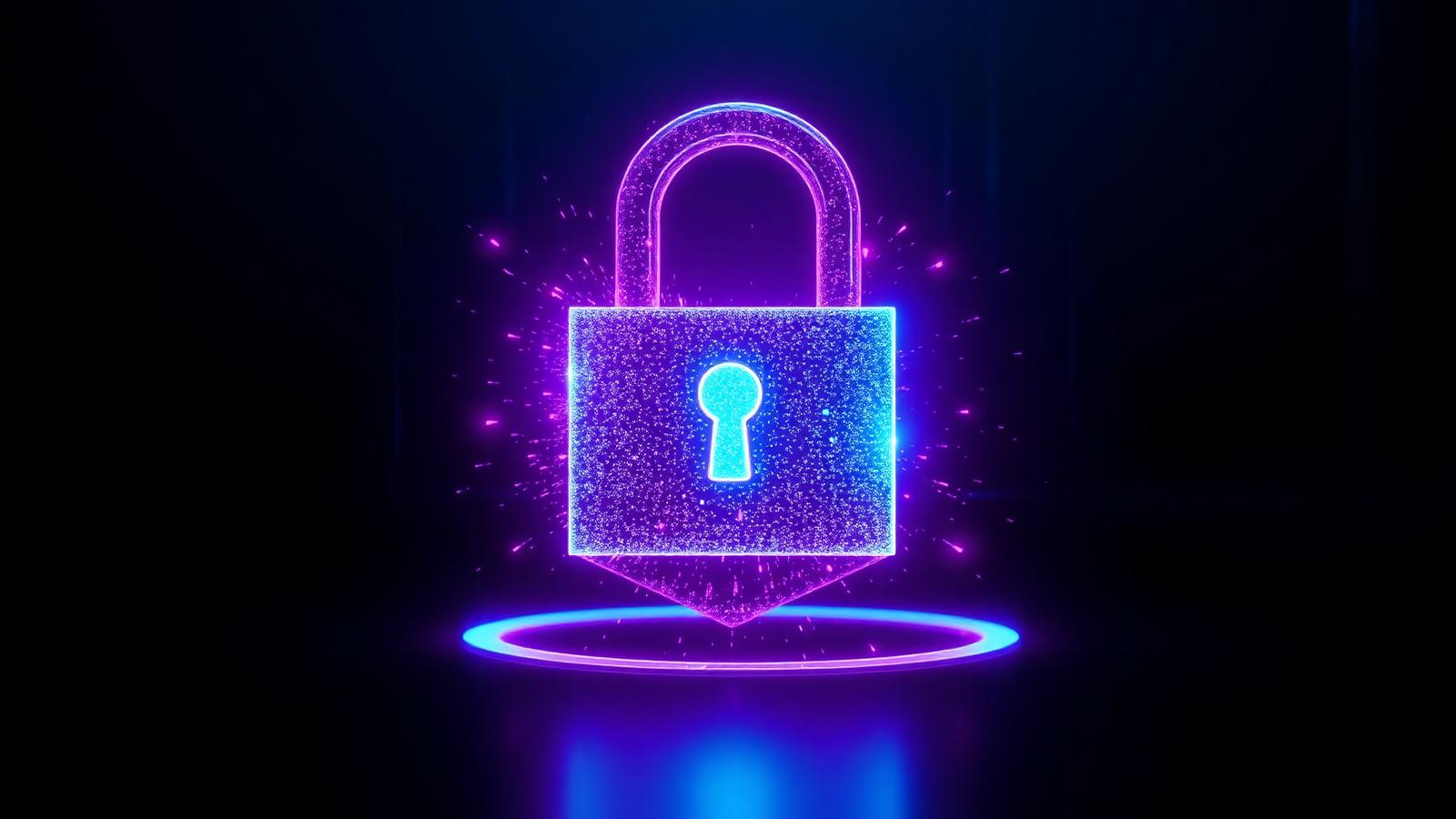 Cadenas néon violet et cyan avec particules lumineuses — Sécurité des paiements en ligne